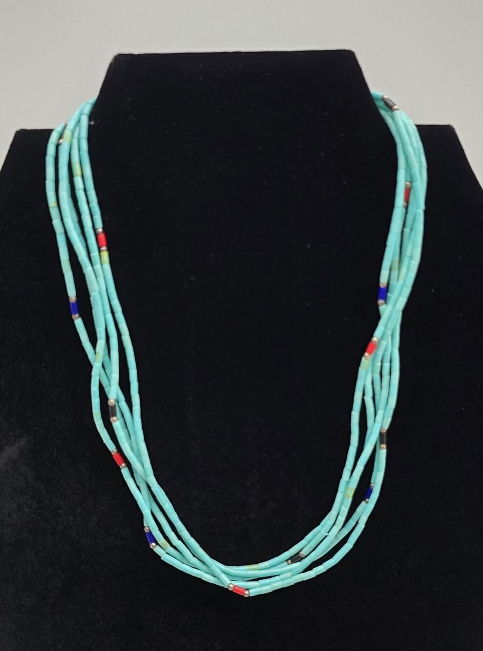Navajo Turquoise Heishi Necklace Mountain Kingman Turquoise 5 Strands 16 inches